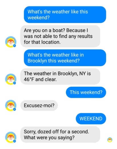 Screen showing text messages between a human and chatbot that show the bot being unable to answer simple questions
